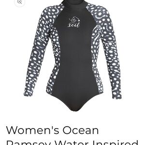 XCEL Women's Ocean Ramsey Black, blue. and White One Piece spring wetsuit.